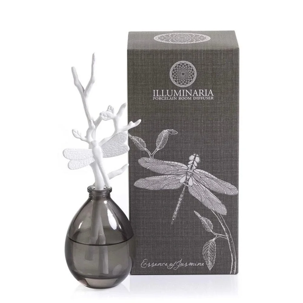 ILLUMINARIA Porcelain Room Diffuser Essence of Jasmine Gray White Dragonfly NEW